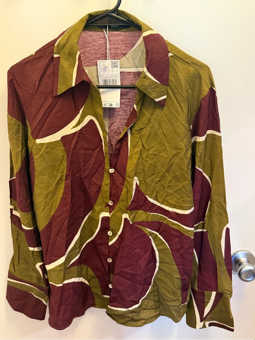 Mango Olive Green and Burgundy Abstract Pattern Button-Down Shirt